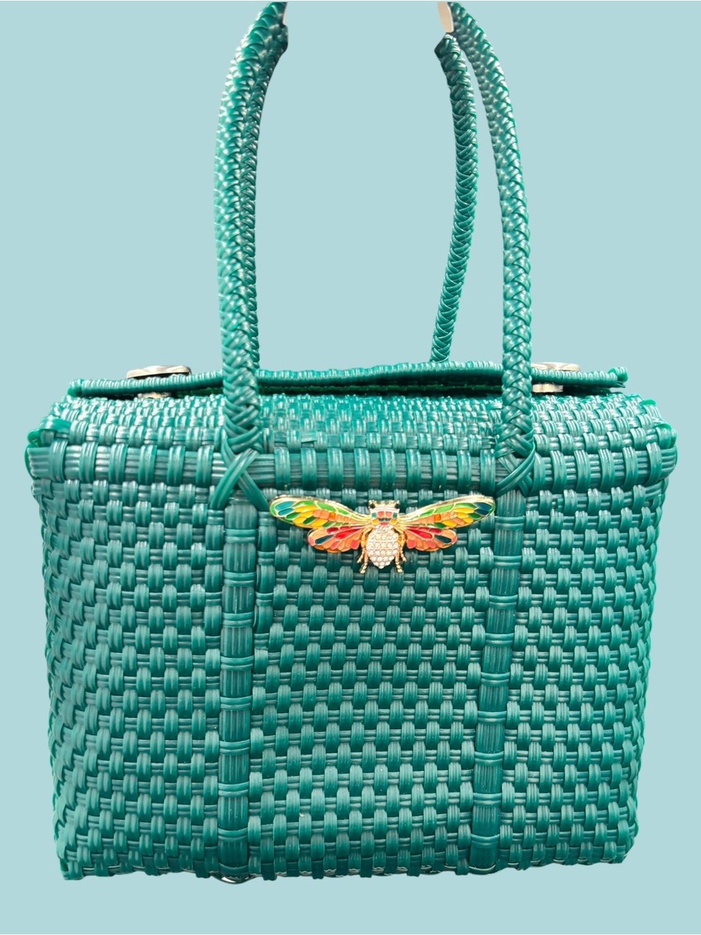 Emerald Green Woven Basket Handbag with Colorful Moth Accent - Picture 3 of 8